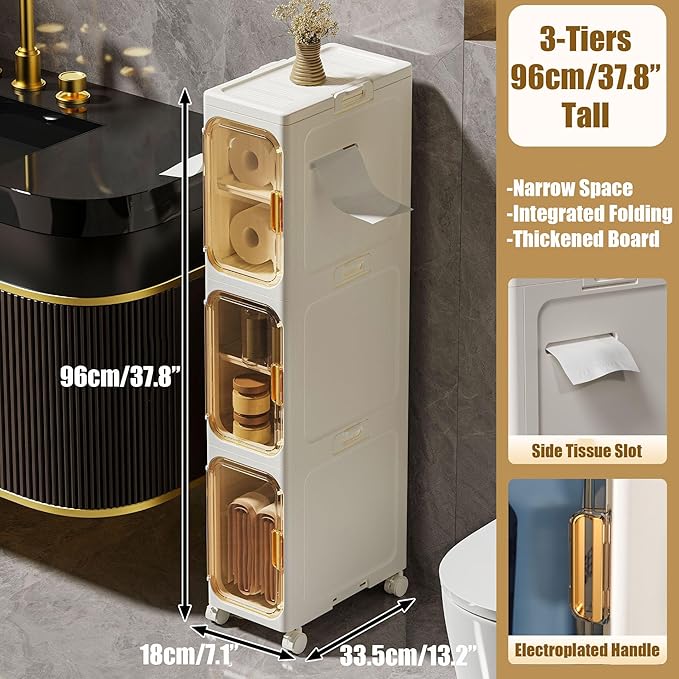 Slim Bathroom Storage Cabinet, Foldable & Movable Narrow Storage Organizer for Small Spaces, Bathroom, Kitchen, Laundry Room, Living Room (3-Tier)