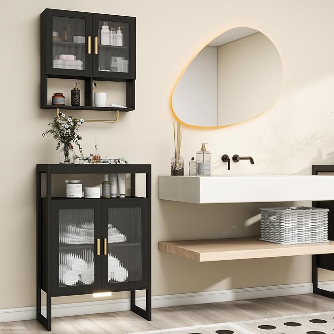 Bathroom Floor Storage Cabinet Freestanding Organizer with Sensor Light & Acrylic Doors for Bathroom, Home Office, Bedside, Sofa Side Table