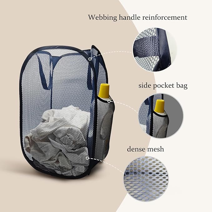 Pop up hamper, the upgraded laundry basket with breathable side pocket mesh. Ideal for room, apartment, dormitory, travel, business trip & kids storage (1, Dark blue)