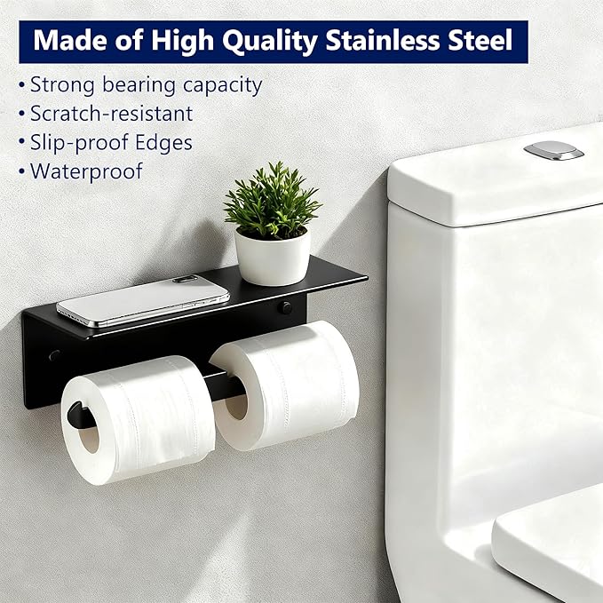 Toilet Paper Holder with Shelf, Adhesive Double Tissue Roll Holder Wall Mounted for Bathroom, Black