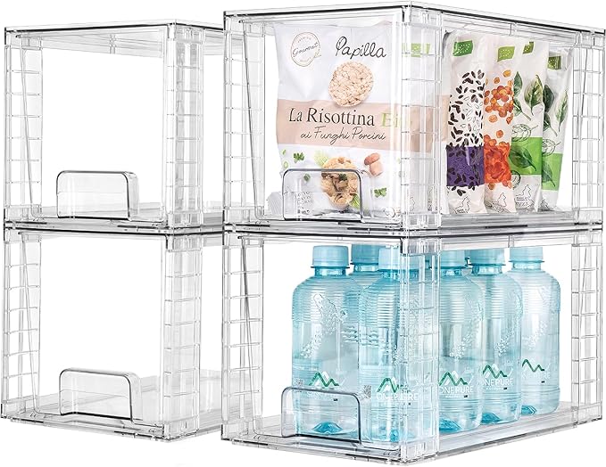2Pack Large Stackable Kitchen Storage Drawers, Clear Foods Organizer Bins with Handles, Easily Assemble for Bathroom, Kitchen, Pantry, Cabinet, Closet(XL-Down Handle)