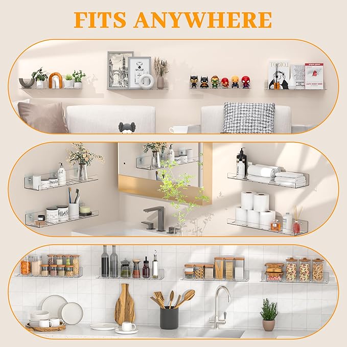 LAZYROSY 12 Pack Floating Shelves - Clear Acrylic/PET Wall Mounted Non-Drilling Storage Rack with Adhesive, Invisible Bathroom and Bedroom Shelves for Kitchen, Living Room, Clear Decoration