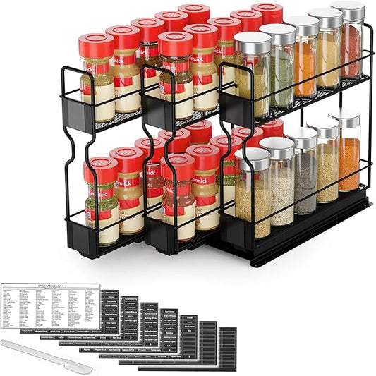 SpaceAid Pull Out Spice Rack Organizer, Heavy Duty Slide Out Seasoning Kitchen Organizer, Cabinet Organizer, with Labels, 7.7" W x10.75 D x10 H, 3 Drawers 2-Tier