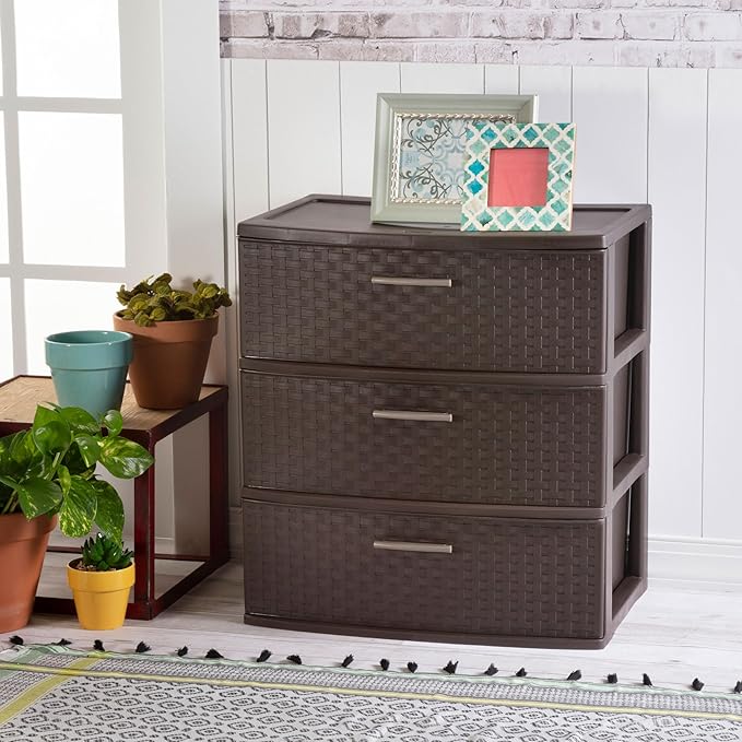 Sterilite 2-Pack 3-Drawer Wide Weave Tower, Storage Closet Organizer, Brown - Plastic Drawers and Containers for Bedroom, Cabinet, Clothes, Dresser, and Kitchen Pantry Organization