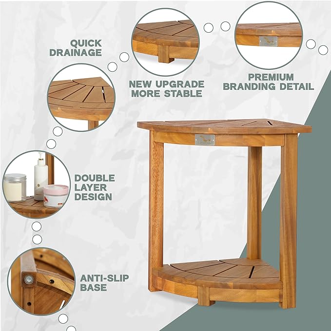 VICTORY RELAX Acacia Wood Corner Shower Shelf for Inside Shower – Waterproof Shower Bench & Foot Rest for Shaving Legs, Small Bathroom Spa Seat, Natural Color (17.9")
