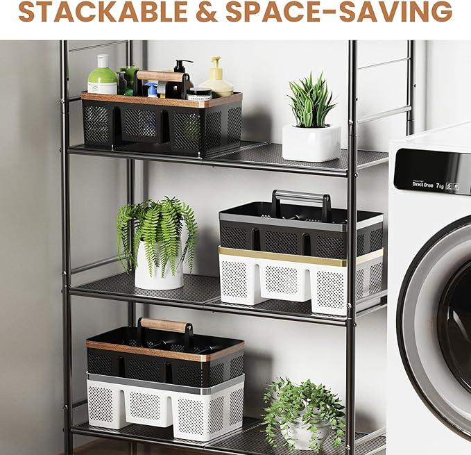 BYUNER Plastic Shower Caddy Dorm: Portable Hard Shower Basket with Handle, 4 Divided Compartments, All-Side Drainage, Bathroom & Cleaning Caddy for College Dorm Room Essentials, Black/wood grain