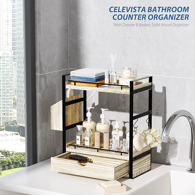 2-Tier Wood Bathroom Counter Organizer, Countertop Organizer with Drawer and Storage Basket, Bathroom Sink Organizer for Vanity, Skincare, Makeup, and Daily Essentials (Light Brown)