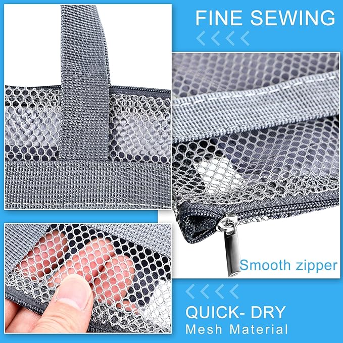 Tudomro 5 Pcs Mesh Shower Bag Caddy Tote Portable Quick Dry Tote Bag Lightweight Hanging Toiletry Bath Organizer for College Dorms Gym Swimming Beach Travel Games Sports (Gray Handle)