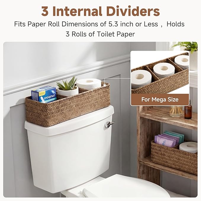 StorageWorks Toilet Paper Basket for Back of Toliet，Basket with 3 Enlarged Compartments, Seagrass Toilet Paper Storage Baskets, 17¼" x 6" x 4¼", Brown, 2-Pack
