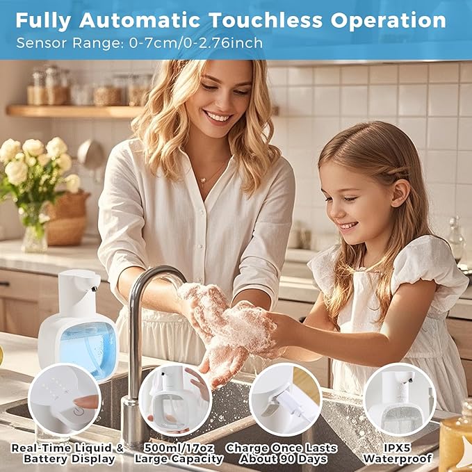 Automatic Liquid Soap Dispenser, 17oz/500ml Touchless Rechargeable with 4-Level Adjustable & IPX5 Waterproof - Level Display for Wall/Tabletop Use in Bathroom, Kitchen, White