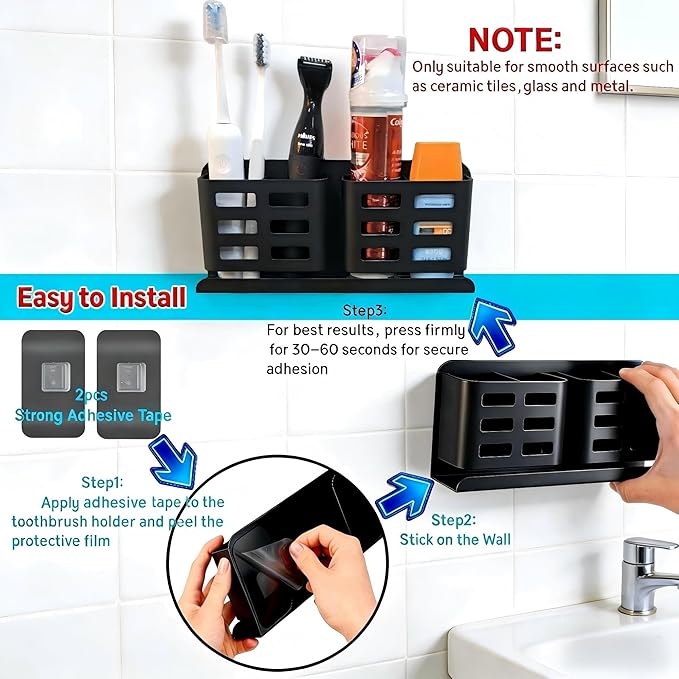 Aluminum Toothbrush Holder Self-Adhesive Wall Mount Bathroom Organizer for Toothbrush, Razor, Comb & Toothpaste (Black)