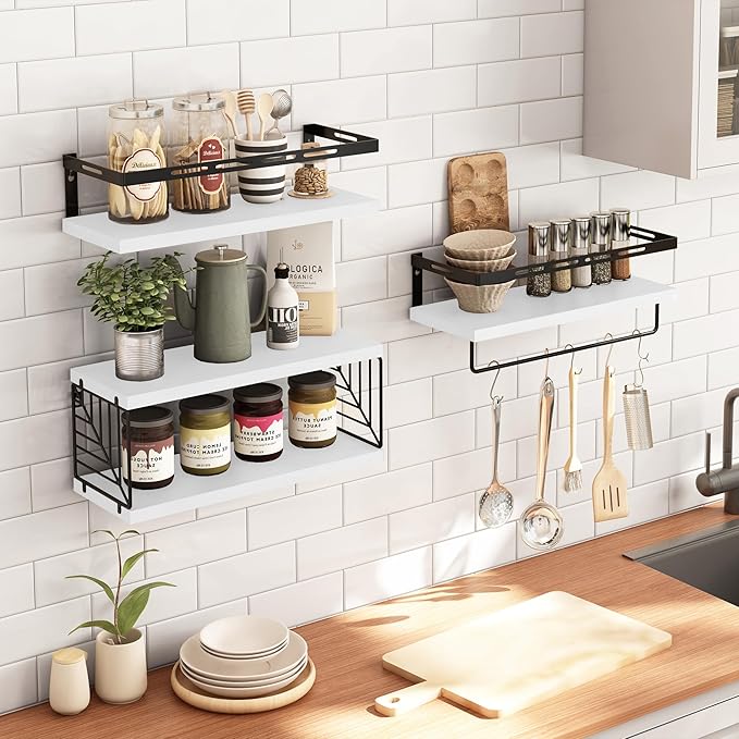 Fixwal Wall Mounted Bathroom Shelves Over Toilet, Rustic Wood Floating Shelves with Metal Frame and Towel Bar for Bathroom, Kitchen, Bedroom, Living Room (3 Plus 1 White)
