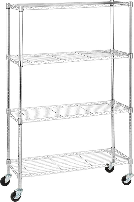 Amazon Basics 4-Shelf Adjustable Heavy Duty Storage Shelving Unit with Wheels, No-Tool Easy Assembly, Garage Shelving, Metal Wire Rack with Casters and Leveling Feet, 36" x 14" x 57.8", Chrome