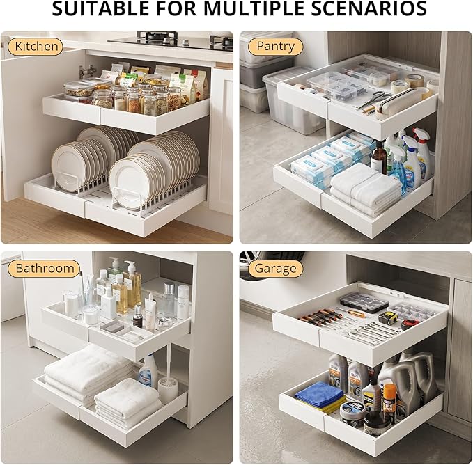 DOMNIU 4 Pack Pull Out Cabinet Organizers Expandable Width (12.4''-20.27''), Metal Slide Out Drawers, Upgrade 3 Slide Rails Sliding Drawer for Kitchen Cabinet Organizer with Adhesive Nano Film, White