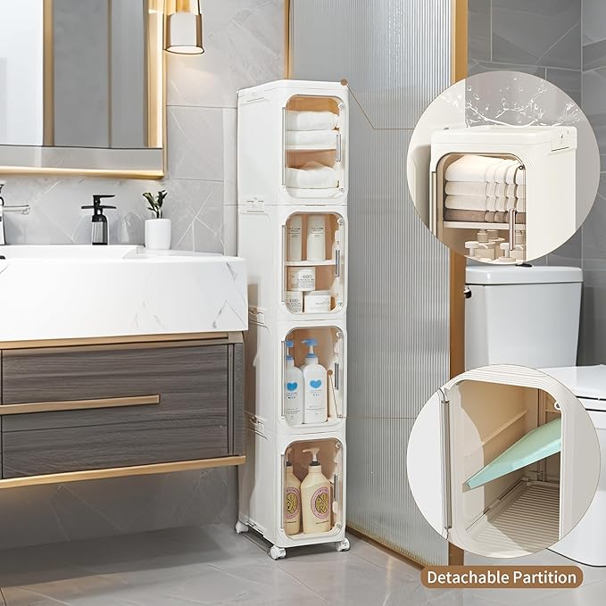 LXLXXL Narrow Storage Cabinet Slim Bathroom Storage Cabinet with Movable Wheels Tall Bathroom Organizer Skinny Cabinet for Small Spaces，2-Tier Beige