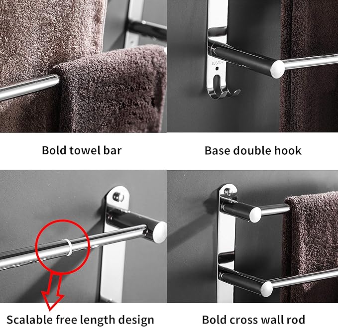 Towel Bars Freely Retractable 20-30 Inche Stainless Steel 304 Bath Towel Rack Strong 3M Adhesive Bathroom Wall-mounting Free mounting Hole-Installing washroom Kitchen Space Saving (2 Bars)