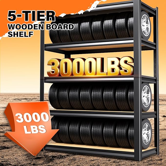 2-Piece Set 46''W Storage Shelves,3000LBS Garage Shelving,Adjustable Garage Shelves,Heavy Duty Metal Shelving, 5 Tier Wood Utility Steel Shelf, Easy-to-Install Shelving Units 2 Pack