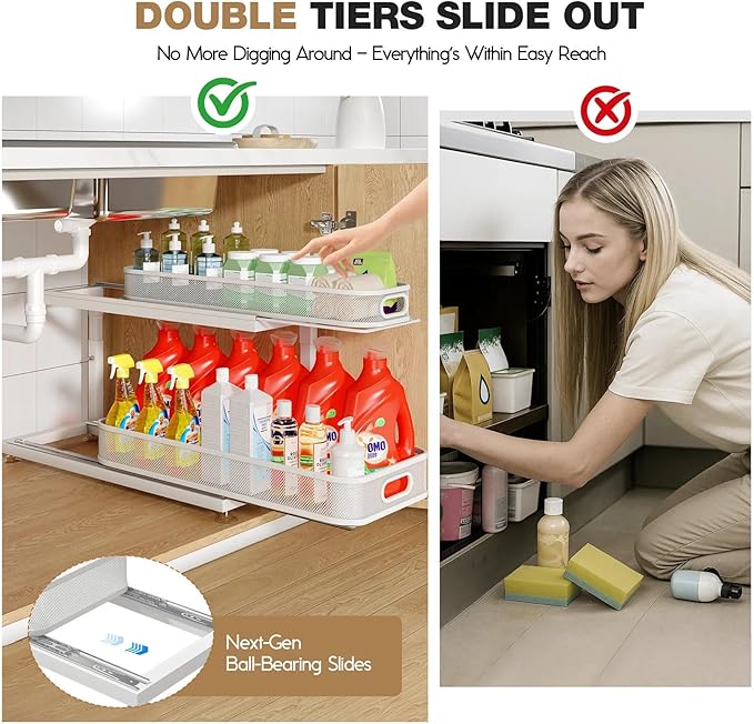 2-Pack 21.3 IN Depth Under Sink Organizer With Next-Gen Ball-Bearing Slides,Sophisticated Mesh 2-Tier Pull Out Shelf for Kitchen & Bathroom,Fits Small Items-White(Patented)
