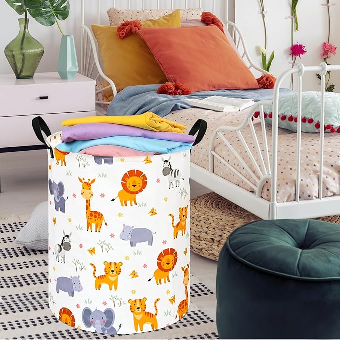 Round Lion and Tiger Pattern Laundry Hamper Clothes Storage Basket Fabric Storage Hamper Organization Storage Bin, Nursery Box,Gift Basket with Handles