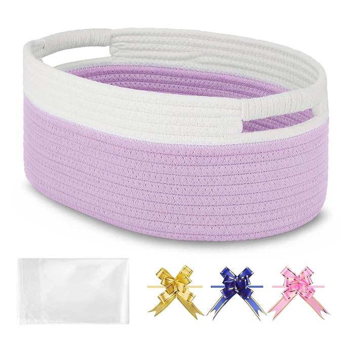 Small Woven Basket with Gift Bags and Ribbons, Empty Baby Gift Baskets for Kids Women Men, Shelf Storage, Small Cat Dog Pet Toy Boxes, 13”x 9”x 5.5”, Purple