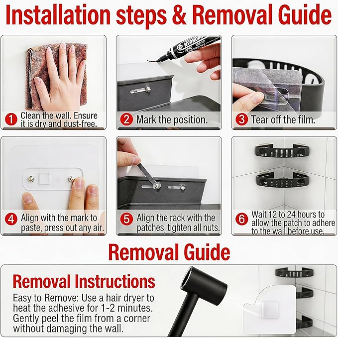 Adhesive Corner Shower Shelf No Drill | Rust-Proof Aluminum Alloy Stick On Bathroom Organizer with Shaving Holder for Shampoo, Conditioner, Soap, Razors Black 2Pack
