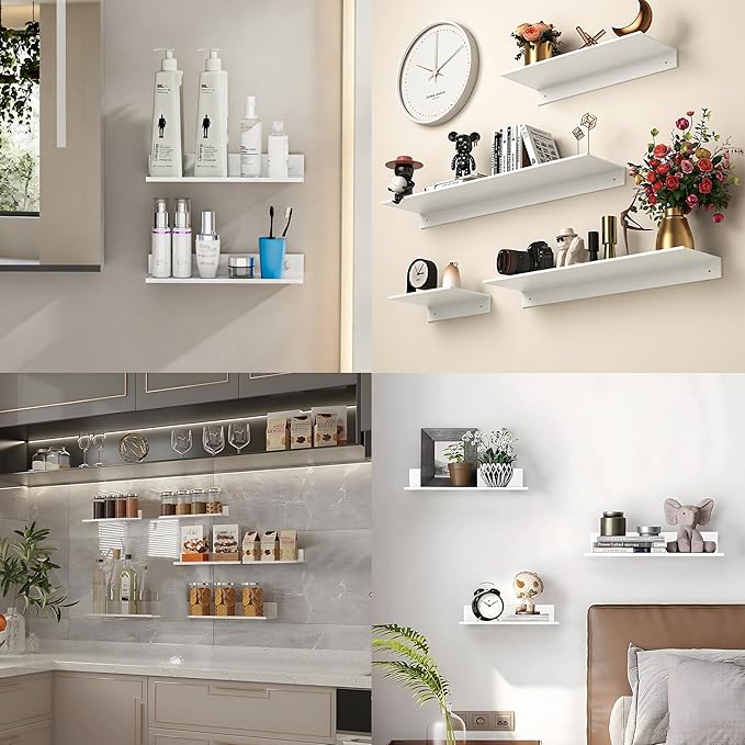 HNVNER Adhesive Shower Shelves for Wall 2 Pack, White Metal Shower Caddy 40cm, Waterproof Bathroom Floating Shelves, Bathroom Storage Wall Shelf Organization