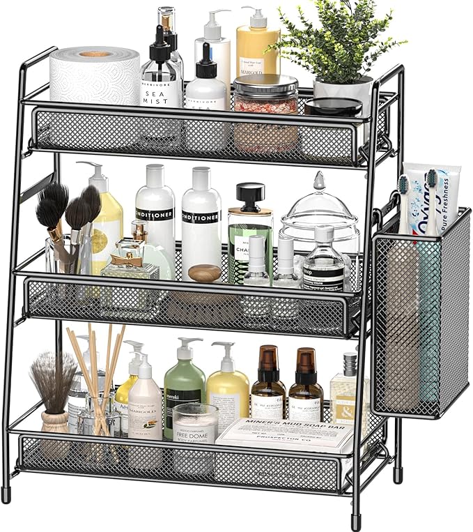 EKNITEY Bathroom Countertop Organizer Shelf - 3 Tier Counter Spice Rack Metal Makeup Rack Small Coffee Station Organizer for Sink/Bedroom/Living room/Kitchen/Office