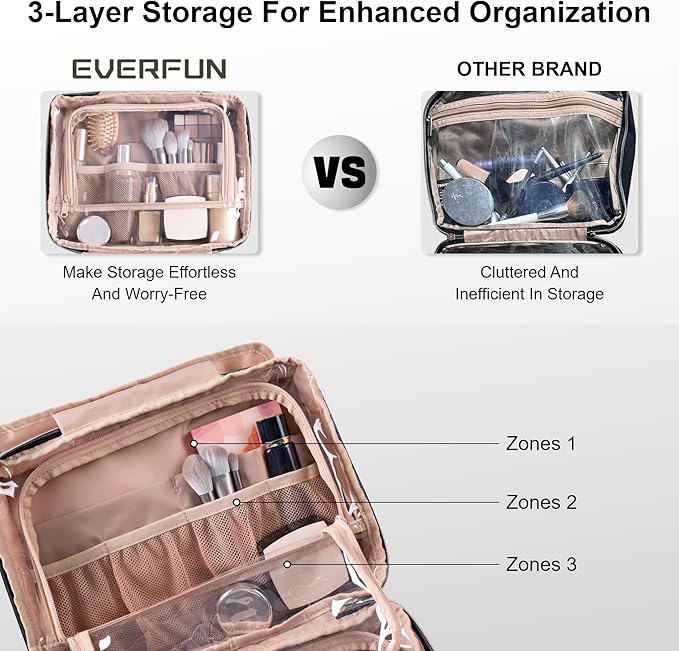 Everfun Travel Toiletry Bag with Hanging Hook and Leakproof Wet/Dry Compartments, Large Capacity Makeup Cosmetic Organizer for Women, 12x9x4.5 Inch, Black Floral