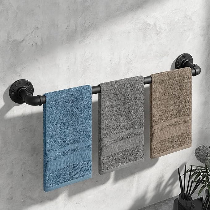 Industrial Pipe Towel Rack Towel Bar, Heavy Duty Wall Mounted Rustic Farmhouse Bath Towel Holder for Bathroom (Black, 28 inch)