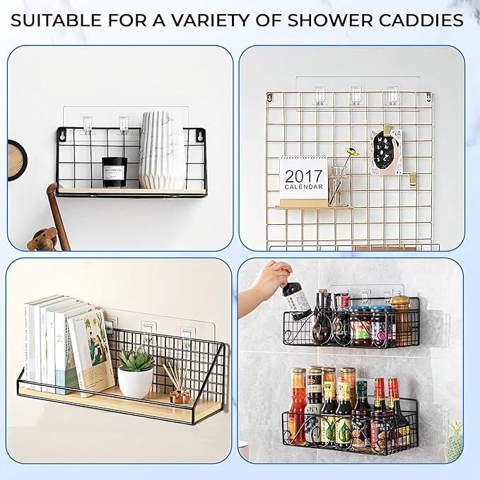 Shower Caddy Adhesive Replacement Hooks, Heavy Duty Waterproof Strips, No Drilling for Bathroom Shelves, Kitchen Racks, and Soap Holders (Transparent-4 Pack 3 Hook)