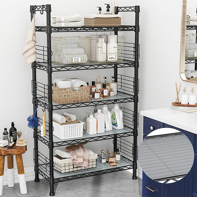 FUTASSI Large Metal Storage Rack, Storage Organizer Shelves for Kitchen, Bathroom, Living Room, Balcony and Garage, 5 Tiers Narrow Bookshelf, 29.5" W x 9.4" D x 59.2" H, Load 480lbs, Black