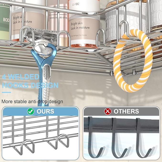 Corner Shower Caddy, 4-Pack Adhesive Shower Shelves with Soap Holder No Drilling, Rustproof Bathroom Shower Organizer Storage, Silver