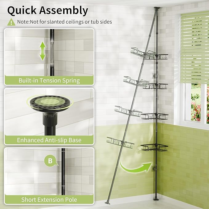 Corner Shower Caddy Tension Pole Adjustable 30.6-127.2 Inch, 4-Tier Rustproof Shower Organizer Shelf Rack, No-Drill Installation Bathroom Storage Shower Caddy Corner Pole, Black