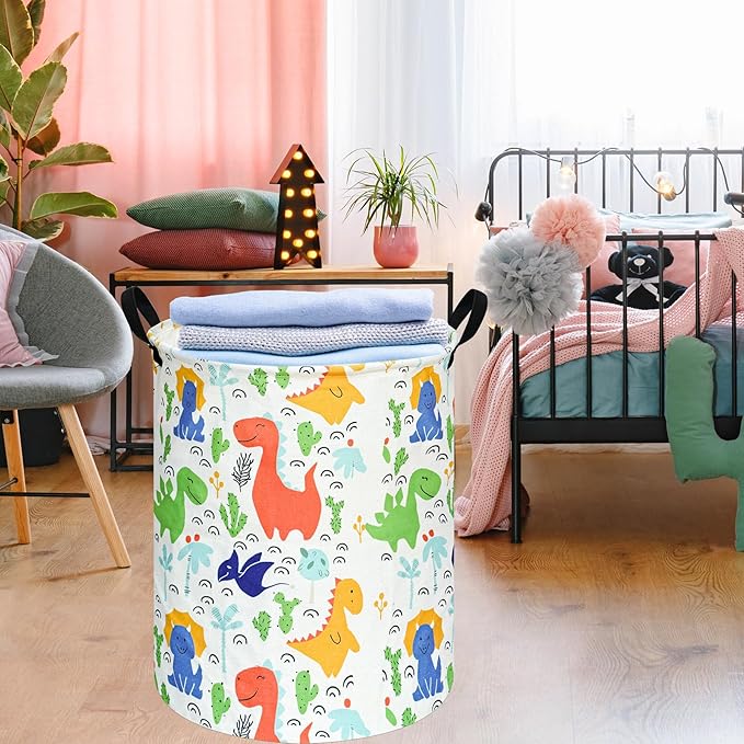 Kids Laundry Hamper Clothes Gift Basket Storage Laundry Baskets Organizer Bin with Handles for Nursery Room (Baby Dino)