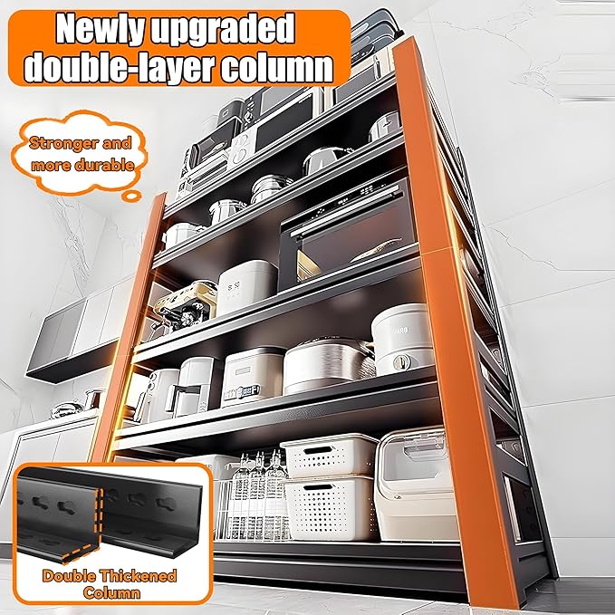 5-Tier Kitchen Shelf Organizer, Solid Metal Adjustable Storage Rack for Pots, Pans, Bottles & Pantry Goods, Space-Saving, Black 72''H×35.4''W×15.7''D