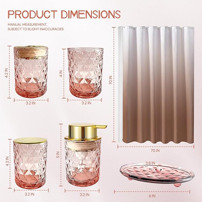 Brown Glass Bathroom Accessories Set with Shower Curtain and Liner, 7-Piece Bathroom Decor Set, Soap Dispenser, Toothbrush Holder, Soap Dish, Vanity Tray, Complete Bathroom Makeover Set