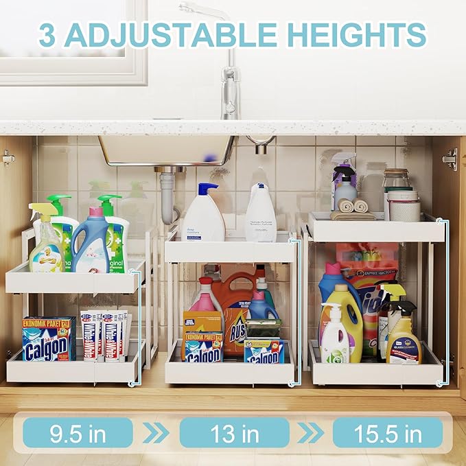 Golener 2-Tier Expandable Pull Out Cabinet Organizer - 21" Deep Slide Out Drawers for Kitchen Cabinets, Bathroom Organizers and Storage, Under Sink Organizer for Kitchen Storage Organization, White