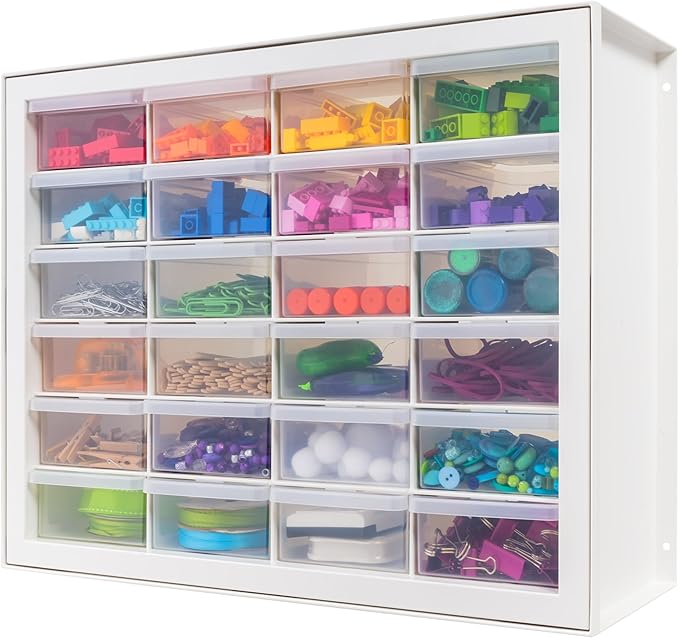 IRIS USA 24-Drawer Plastic Storage Organizer, Made in USA, Teacher Toolbox, Multi Drawer Cabinet For Beads Balloons Building Bricks Crafts Stickers Small Business Scrapbook Art Garage Tools, White