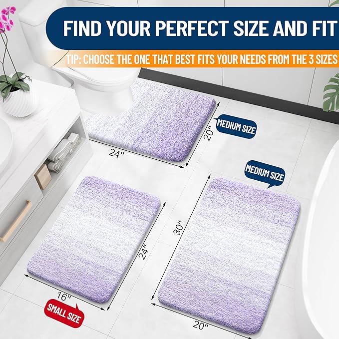 OLANLY Bathroom Rug Set 2 Piece, Soft Absorbent Microfiber Bath Mats and U-Shaped Contour Toilet Rug, Non-Slip, Machine Wash Dry, Plush Shaggy Bath Mats for Bathroom (24"x16"+24"x20", Light Purple)