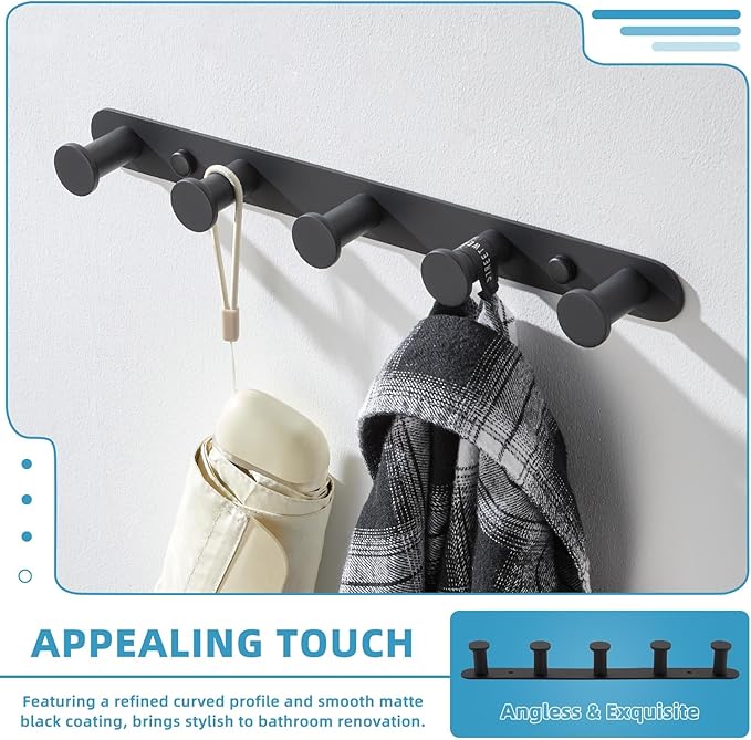 Angle Simple Towel Hook Rack Matte Black, SUS304 Stainless Steel Bathroom Hook Rail 5 Hooks, Utility Kitchen Towel Holder, Wall Mount