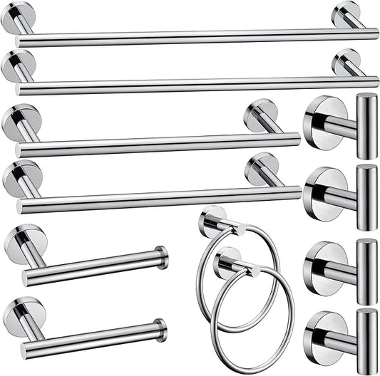 12 Pieces Polished Chrome Bathroom Hardware Accessories Set Hand Towel Ring 16&23.6 inch Round Towel Bar Toilet Paper Holder Towel Hooks 4 Pieces SUS 304 Stainless Steel,Heavy Duty,Wall Mounted
