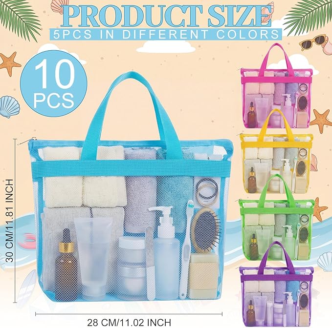Tudomro 10 Pcs Mesh Shower Bag Caddy Tote Portable Quick Dry Tote Bag Lightweight Hanging Toiletry Bath Organizer for College Dorm Gym Swimming Beach Travel Games Sports (5 Colors)