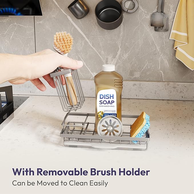 SWTYMIKI Sink Caddy Sponge Holder - Kitchen Sink Organizer with High Brush Holder for Countertop to Hold Dish Soaps and Sponges, Stainless Steel, Sand Nickel
