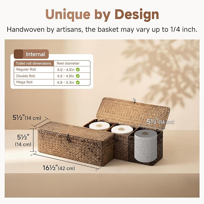StorageWorks Toilet Paper Storage Basket with Lid, Large Wicker Baskets with 3 Compartments, Seagrass Back of Toilet Basket for Tank Topper, Shelves Organizer, 16½"x 5½"x 5½, 1-Pack