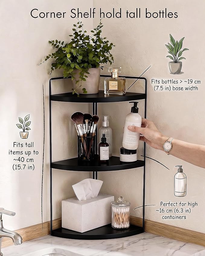 3-Tier Corner Bathroom Countertop Organizer, Solid Pine Wood Vanity Corner Shelf for Skincare & Makeup, Waterproof Standing Rack for Bathroom, Vanity, Kitchen & Dresser, Large 15.7"H, Black