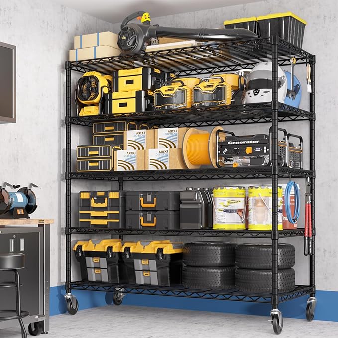 PrimeZone 48" W x 24" D x 81" H Heavy Duty Wire Storage Shelves with Wheels, 5 Tier Adjustable NSF Certified Garage Shelving Unit, Rolling Metal Organizer Shelf Utility Rack for Warehouse, Restaurant