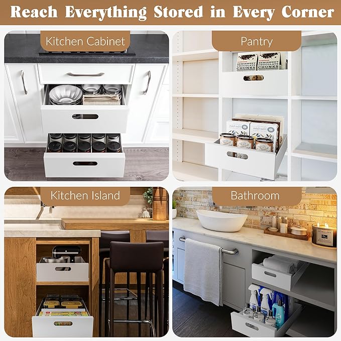 HBL' 2 Pack | 21" Deep Pull Out Cabinet Organizer Adhesive, 12-Inch Wide Sturdy Carbon Steel Roll-Out Drawers, Designed for Frameless Cabinets, Slide-Out Shelves for Pantry.
