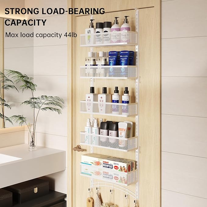 Space-Saving Over The Door Organizer with 5 Adjustable Baskets & 5 Hooks, Metal Wall Mount Storage Rack, Behind The Door Storage for Bathroom, Kitchen, Pantry, Laundry Room (White)