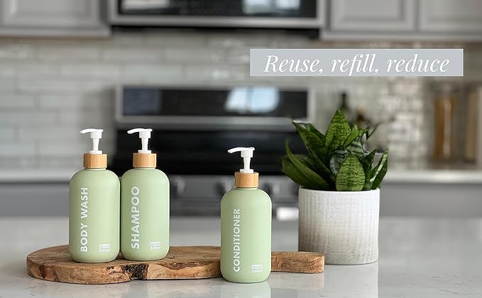 OLLIES Shampoo and Conditioner Dispenser, Shower Soap Dispenser for Bathroom, Set of 3 with Permanent Stylish Label, 17oz, 500ml Refillable Shampoo and Conditioner Bottles Green