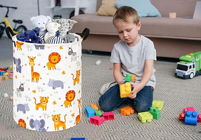 Round Lion and Tiger Pattern Laundry Hamper Clothes Storage Basket Fabric Storage Hamper Organization Storage Bin, Nursery Box,Gift Basket with Handles